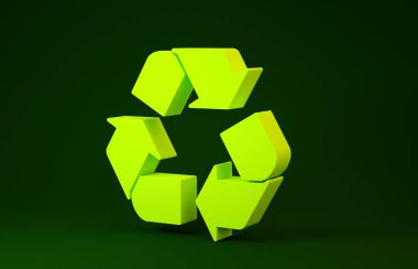 Yeşil arkaplanda sarı geri dönüşüm sembolü izole edildi. Dairesel ok simgesi. Çevre geri dönüşümü yeşile döner. Minimalizm kavramı. 3d illüstrasyon 3B canlandırma