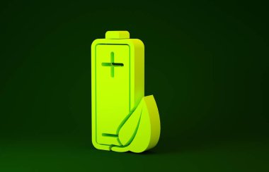 Yeşil arka planda sarı eko doğa yaprağı ve pil ikonu izole edildi. Enerji, ekoloji tasarruf kavramına dayanır. Minimalizm kavramı. 3d illüstrasyon 3B canlandırma