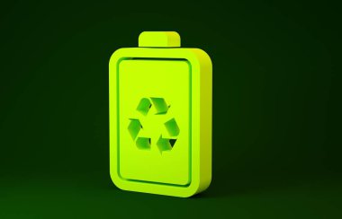 Yellow Battery with recycle symbol line icon isolated on green background. Battery with recycling symbol - renewable energy concept. Minimalism concept. 3d illustration 3D render