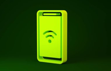 Yellow Smartphone with free wi-fi wireless connection icon isolated on green background. Wireless technology, wi-fi connection, wireless network. Minimalism concept. 3d illustration 3D render