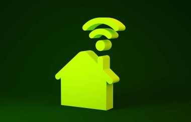 Yellow Smart home with wi-fi icon isolated on green background. Remote control. Minimalism concept. 3d illustration 3D render