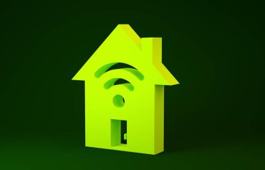 Yellow Smart home with wi-fi icon isolated on green background. Remote control. Minimalism concept. 3d illustration 3D render