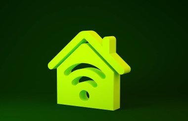 Yellow Smart home with wi-fi icon isolated on green background. Remote control. Minimalism concept. 3d illustration 3D render