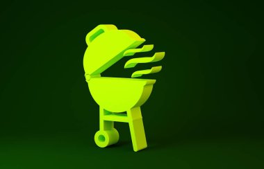 Yeşil arka planda sarı ızgara ikonu izole edildi. Barbekü ızgara partisi. Minimalizm kavramı. 3d illüstrasyon 3B canlandırma