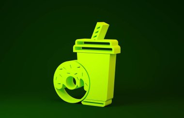 Yeşil arka planda izole edilmiş saman ve çörek ikonu içen sarı soda. Fast food sembolü. Minimalizm kavramı. 3d illüstrasyon 3d canlandırma