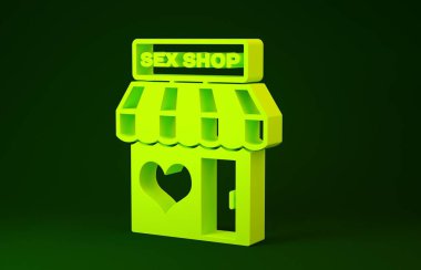 Yeşil arka planda izole edilmiş çizgili tente ikonu olan Sarı Seks Atölyesi binası. Seks dükkanı, online seks mağazası, yetişkin erotik ürünler konsepti. Minimalizm kavramı. 3d illüstrasyon 3d canlandırma