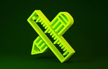 Yeşil arka planda sarı çapraz cetvel ve kalem simgesi izole edildi. Düz sembol. Çizim ve eğitim araçları. Minimalizm kavramı. 3d illüstrasyon 3d canlandırma