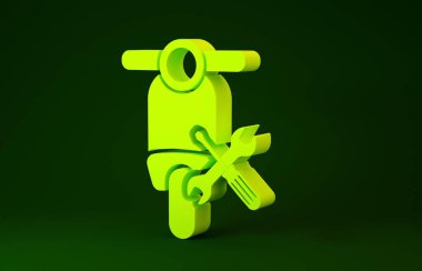 Yeşil arka planda sarı Scooter tornavida ve anahtar ikonu var. Ayarlama, servis, ayar, bakım, onarım, onarım. Minimalizm kavramı. 3d illüstrasyon 3d canlandırma