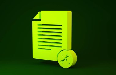 Yeşil arkaplanda izole edilmiş tornavida ve anahtar simgesine sahip Sarı Dosya belgesi. Ayarlama, servis, ayar, bakım, onarım, onarım. Minimalizm kavramı. 3d illüstrasyon 3d canlandırma