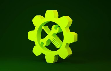Sarı Bakım Sembolü - İngiliz anahtarı ve tornavida dişli simgesi yeşil arka planda izole edildi. Servis aracı sembolü. Minimalizm kavramı. 3d illüstrasyon 3d canlandırma