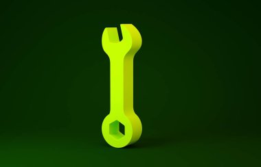 Yeşil arkaplanda sarı anahtar simgesi izole edildi. Anahtar tamir aleti. Servis aracı sembolü. Minimalizm kavramı. 3d illüstrasyon 3d canlandırma