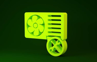 Yeşil arka planda sarı klimalı tornavida ve ingiliz anahtarı simgesi var. Ayarlama, servis, ayar, bakım, onarım, onarım. Minimalizm kavramı. 3d illüstrasyon 3d canlandırma