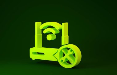 Yeşil arkaplanda izole edilmiş tornavida ve anahtar ikonlu sarı router wi-fi. Ayarlama, servis, ayar, bakım, onarım, onarım. Minimalizm kavramı. 3d illüstrasyon 3d canlandırma