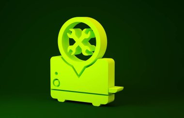 Yeşil arka planda izole edilmiş tornavida ve anahtar ikonlu sarı tost makinesi. Ayarlama, servis, ayar, bakım, onarım, onarım. Minimalizm kavramı. 3d illüstrasyon 3d canlandırma