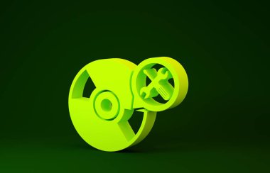 Yeşil arkaplanda izole edilmiş sarı CD ya da dvd disk tornavida ve anahtar simgesi. Ayarlama, servis, ayar, bakım, onarım, onarım. Minimalizm kavramı. 3d illüstrasyon 3d canlandırma