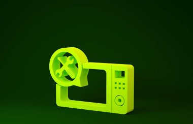 Yeşil arka planda izole edilmiş tornavida ve anahtar ikonlu sarı mikrodalga fırın. Ayarlama, servis, ayar, bakım, onarım, onarım. Minimalizm kavramı. 3d illüstrasyon 3d canlandırma