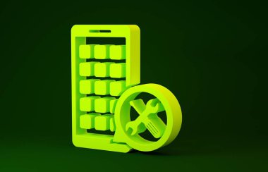 Yeşil arkaplanda izole edilmiş tornavida ve anahtar simgesine sahip sarı mobil uygulamalar. Ayarlama, servis, ayar, bakım, onarım, onarım. Minimalizm kavramı. 3d illüstrasyon 3B canlandırma