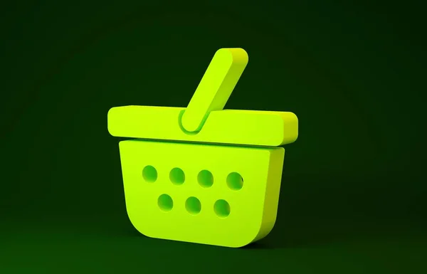 Ícone amarelo da cesta de compras isolado no fundo verde. Conceito de compra online. Sinal de serviço de entrega. Carrinho de compras símbolo. Conceito de minimalismo. 3D ilustração 3D render — Fotografia de Stock