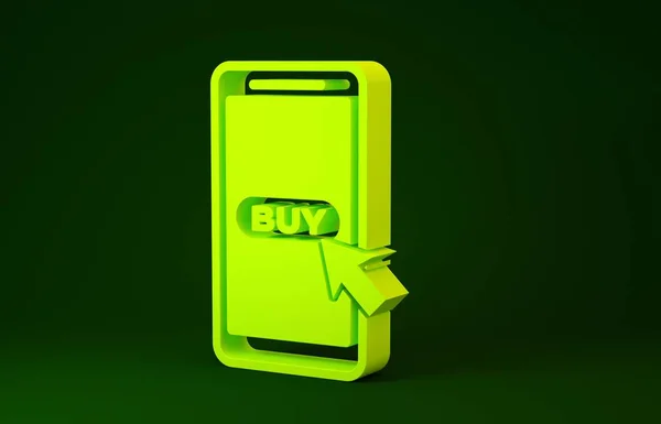Telefone celular amarelo e ícone do carrinho de compras isolado no fundo verde. Símbolo de compra online. Símbolo da cesta de supermercado. Conceito de minimalismo. 3D ilustração 3D render — Fotografia de Stock