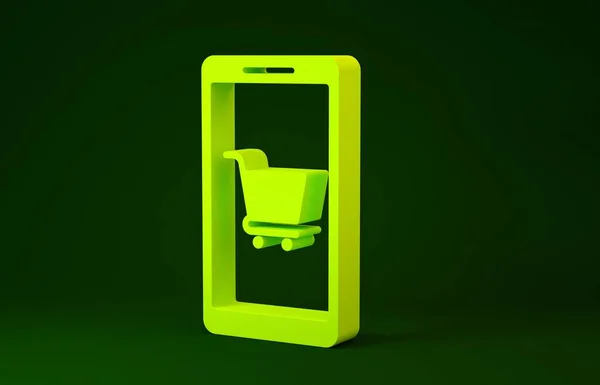 옐로우 모바일 전화 및 쇼핑 카트 아이콘 녹색 배경에 분리. 온라인 구매 심볼. 슈퍼 마켓 바스켓 상징. 미니멀리즘의 개념입니다. 3d 삽화 3D 렌더링 — 스톡 사진