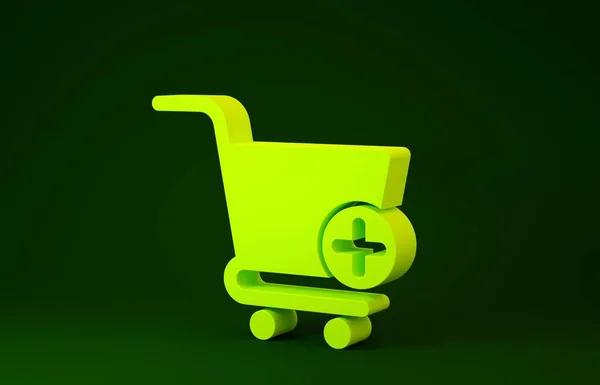 Geel In winkelwagen icoon geïsoleerd op groene achtergrond. Online kopen concept. Bezorging bord. Supermarkt mand symbool. Minimalisme concept. 3d illustratie 3D renderen — Stockfoto