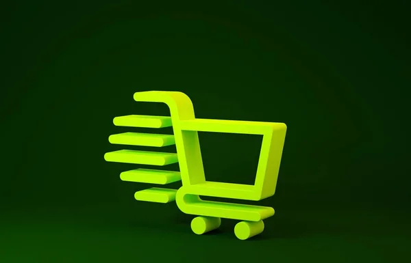 緑の背景に黄色のショッピングカートアイコンが隔離されました。オンライン購入の概念。配送サービスの看板。スーパーマーケットバスケットのシンボル。最小限の概念。3Dイラスト3Dレンダリング — ストック写真