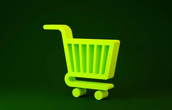 緑の背景に黄色のショッピングカートアイコンが隔離されました。オンライン購入の概念。配送サービスの看板。スーパーマーケットバスケットのシンボル。最小限の概念。3Dイラスト3Dレンダリング — ストック写真