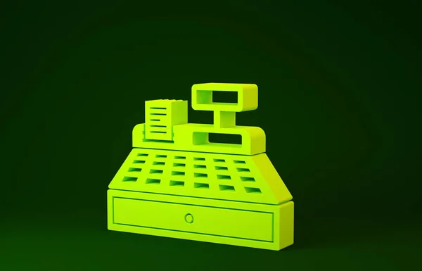 Cajero automático amarillo con un icono de cheque aislado sobre fondo verde. Señal de caja. Símbolo de caja de efectivo. Concepto minimalista. 3D ilustración 3D render — Foto de Stock
