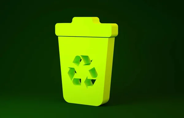 Żółty kosz na śmieci z ikoną symbolu recyklingu na zielonym tle. Ikona kosza na śmieci. Znak śmietnika. Znak kosza na śmieci. Koncepcja minimalizmu. Ilustracja 3D 3D renderowania — Zdjęcie stockowe