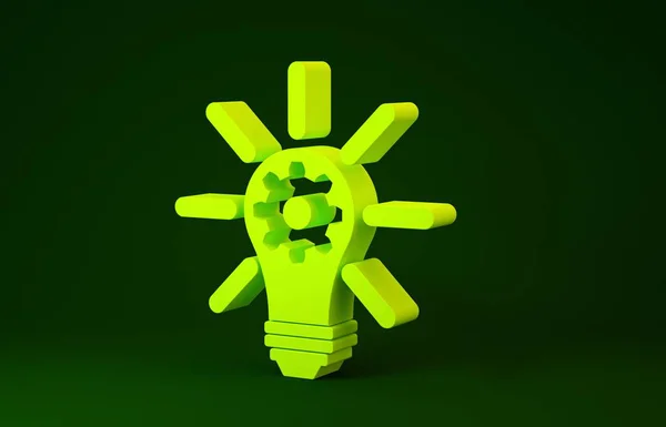 Желтая лампочка с дождем блестит, а внутри иконка выделена на зеленом фоне. Инновационная концепция. Концепция минимализма. 3D-рендеринг — стоковое фото