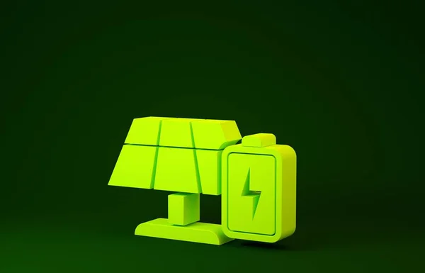 Sárga Napenergia panel és akkumulátor ikon elszigetelt zöld alapon. Minimalizmus koncepció. 3d illusztráció 3d render — Stock Fotó