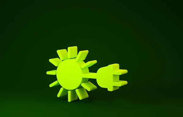 Sol amarillo con icono de enchufe eléctrico aislado sobre fondo verde. Concepto de ahorro energético. Concepto minimalista. 3D ilustración 3D render — Foto de Stock