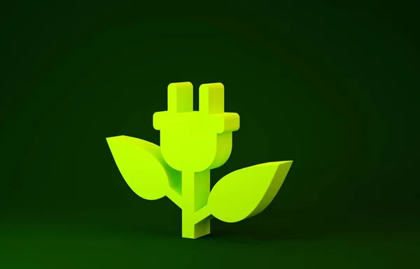 Yellow Electric saving plug in leaf icon isolated on green background. Save energy electricity icon. Environmental protection icon. Bio energy. Minimalism concept. 3d illustration 3D render