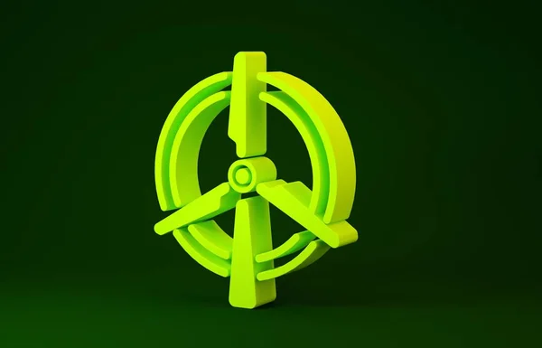 Yellow Rotating wind turbine icon isolated on green background. Wind generator sign. Windmill for electric power production. Minimalism concept. 3d illustration 3D render — 스톡 사진