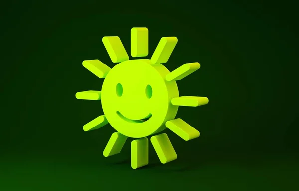 Amarillo Lindo sol con sonrisa icono aislado sobre fondo verde. Divertido sol sonriente. Feliz sonrisa soleada. Concepto minimalista. 3D ilustración 3D render — Foto de Stock