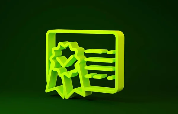 Icono de línea de plantilla de certificado amarillo aislado sobre fondo verde. Logro, premio, título, beca, diploma. Certificado de éxito empresarial. Concepto minimalista. 3D ilustración 3D render —  Fotos de Stock