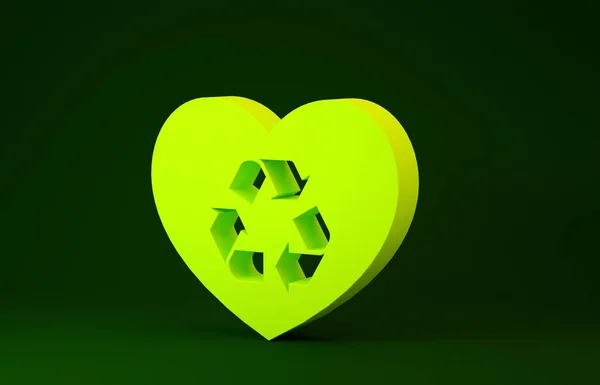 Yellow Eco friendly heart icon isolated on green background. Heart eco recycle nature bio. Environmental concept. Minimalism concept. 3d illustration 3D render — Stok fotoğraf