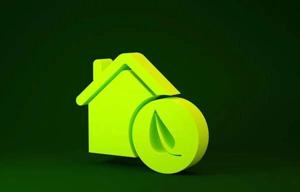 Yellow Eco friendly house icon isolated on green background. Eco house with leaf. Minimalism concept. 3d illustration 3D render