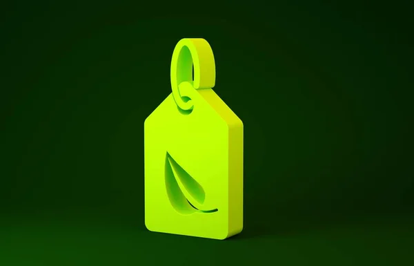 Žlutý štítek s ikonou symbolu listu izolovaný na zeleném pozadí. Banner, label, tag, logo, samolepka pro eco green. Minimalismus. 3D ilustrace 3D vykreslení — Stock fotografie
