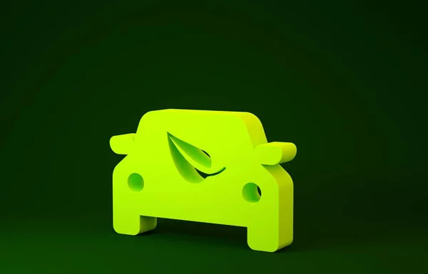Yellow Eco carro conceito drive com folha ícone isolado no fundo verde. Símbolo verde do carro de energia. Conceito de minimalismo. 3D ilustração 3D render — Fotografia de Stock
