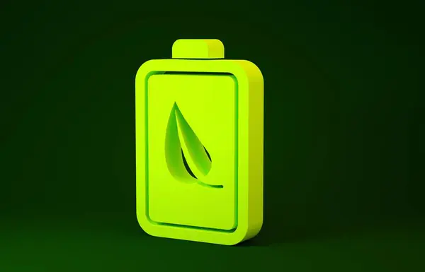 Amarillo Eco naturaleza hoja y batería icono aislado sobre fondo verde. Energía basada en el concepto de ahorro ecológico. Concepto minimalista. 3D ilustración 3D render — Foto de Stock