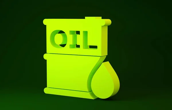 緑色の背景に単離された黄色のオイルバレルアイコン。油ドラム容器。インフォグラフィック、燃料、産業、電力、生態系のために。最小限の概念。3Dイラスト3Dレンダリング — ストック写真