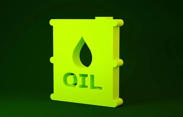 Icona barile giallo olio isolato su sfondo verde. Contenitore del tamburo. Per infografica, carburante, industria, energia, ecologia. Concetto minimalista. Illustrazione 3d rendering 3D — Foto Stock