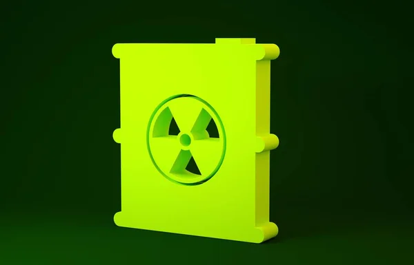 在绿色背景下隔离的桶中黄色放射性废物图标。有毒垃圾桶。放射性垃圾排放，环境污染。最低纲领的概念。3D渲染3D插图 — 图库照片
