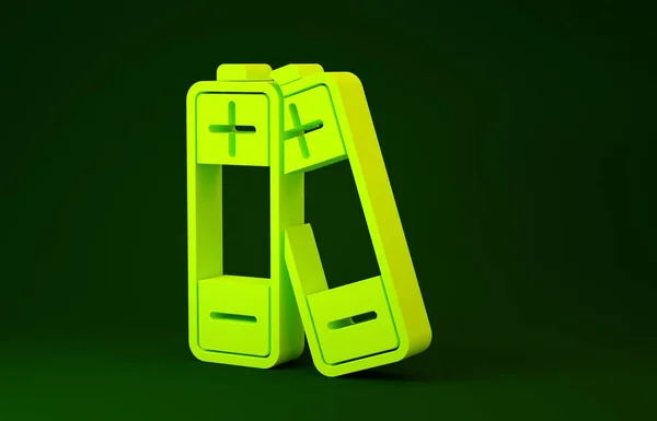 Ícone de bateria amarela isolado no fundo verde. Símbolo relâmpago. Conceito de minimalismo. 3D ilustração 3D render — Fotografia de Stock