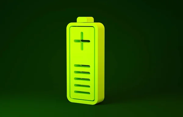 Κίτρινος δείκτης στάθμης φόρτισης μπαταρίας απομονώνεται σε πράσινο φόντο. Μινιμαλιστική έννοια. 3d απεικόνιση 3D καθιστούν — Φωτογραφία Αρχείου