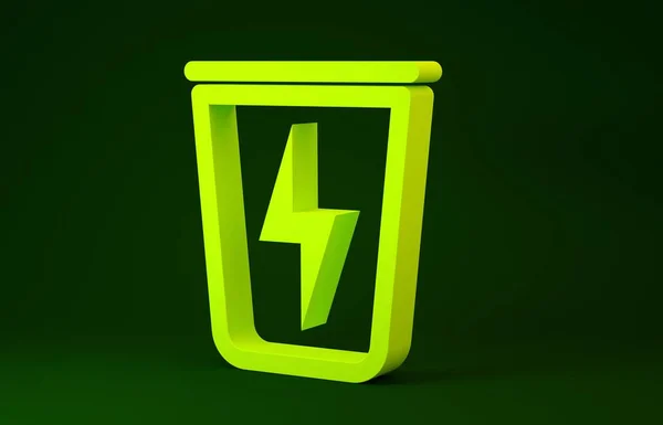 Relâmpago Amarelo com lata de lixo ícone isolado no fundo verde. Desperdício de energia. Sinal de lixeira. Sinal de cesta de reciclagem. Conceito de minimalismo. 3D ilustração 3D render — Fotografia de Stock