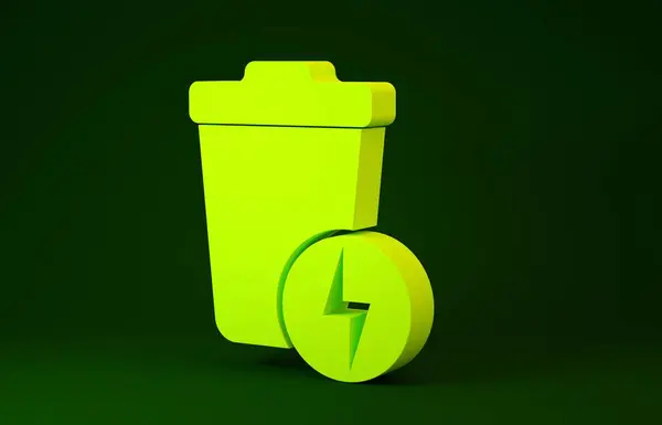 Žlutý blesk s ikonou popelnice izolované na zeleném pozadí. Plýtvání energií. Popelnice. Značka Koš na recyklaci. Minimalismus. 3D ilustrace 3D vykreslení — Stock fotografie