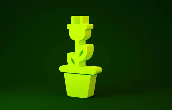 Yellow Electric saving plug in pot icon isolated on green background. Save energy electricity icon. Environmental protection icon. Bio energy. Minimalism concept. 3d illustration 3D render
