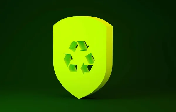Yellow Recycle symbol inside shield icon isolated on green background. Eco protection sign. Minimalism concept. 3d illustration 3D render